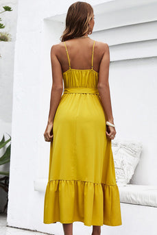 Halter Neck Yellow Holiday Dress with Belt