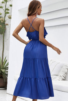 Spaghetti Straps Blue Holiday Dress with Ruffles