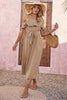 Load image into Gallery viewer, Off the Shoulder Camel Holiday Dress with Belt