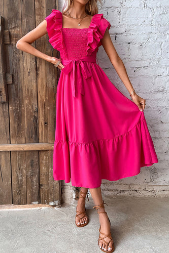 Square Neck Fuchsia Summer Dress with Belt