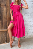 Square Neck Fuchsia Summer Dress with Belt