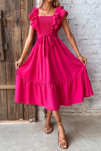 Square Neck Fuchsia Summer Dress with Belt