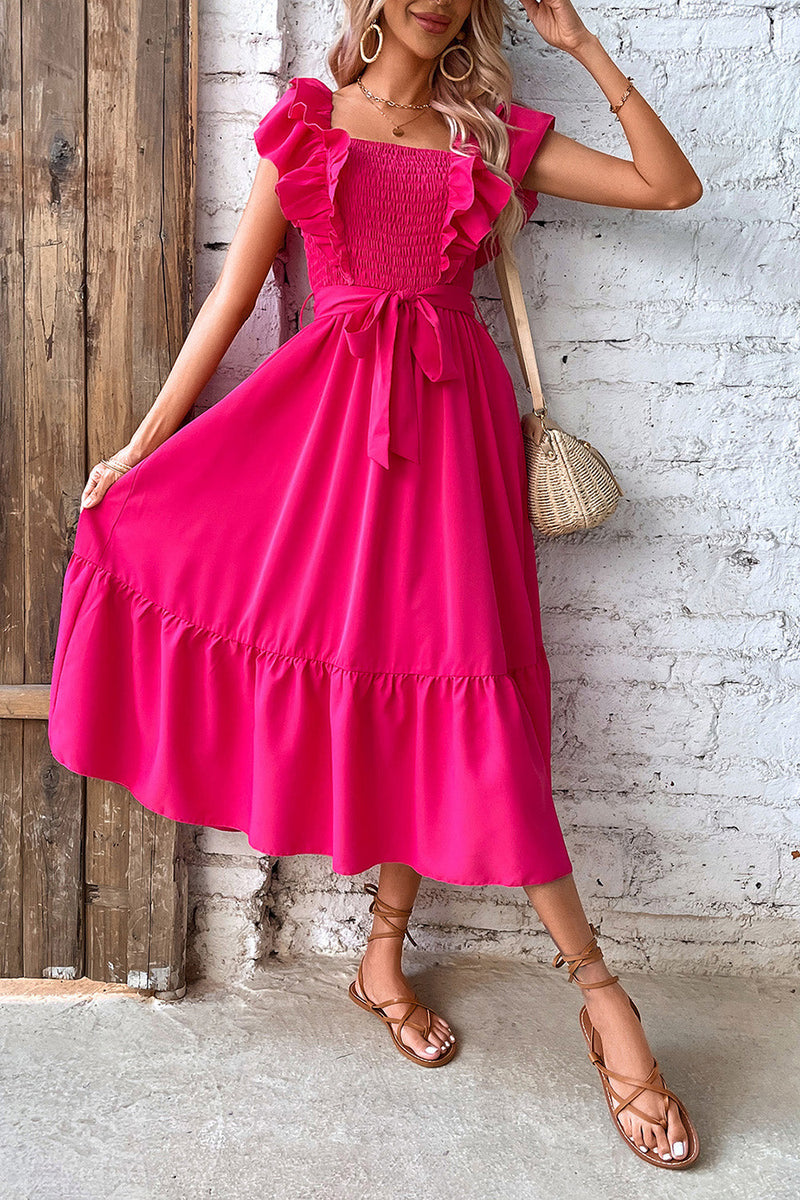 Load image into Gallery viewer, Square Neck Fuchsia Summer Dress with Belt