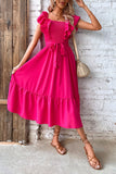 Square Neck Fuchsia Summer Dress with Belt