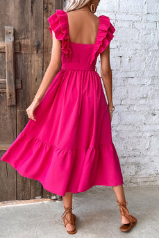 Square Neck Fuchsia Summer Dress with Belt