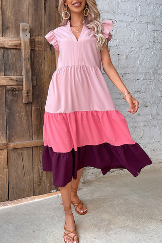 V Neck Gradient Pink Summer Dress with Butterfly Sleeves