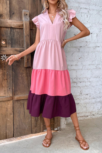 V Neck Gradient Pink Summer Dress with Butterfly Sleeves