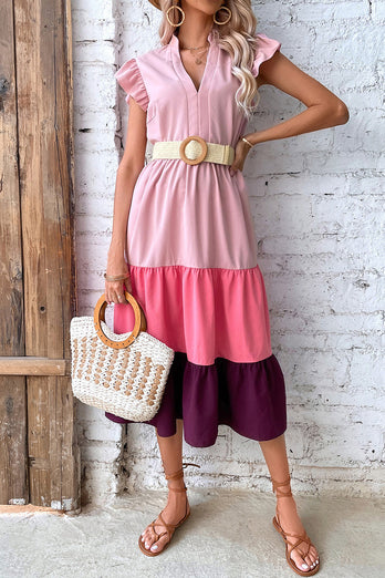 V Neck Gradient Pink Summer Dress with Butterfly Sleeves