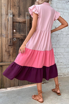 V Neck Gradient Pink Summer Dress with Butterfly Sleeves