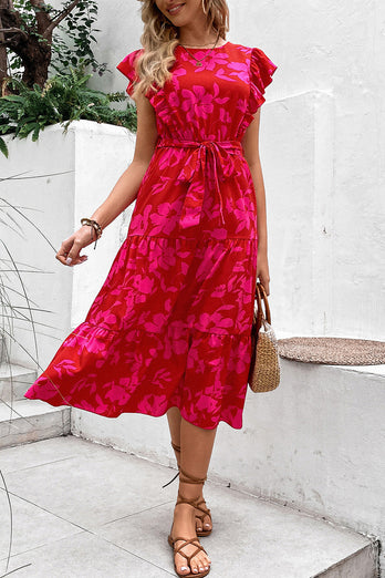 Jewel Neck Flower Printed Summer Dress