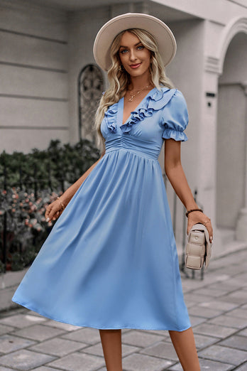 V Neck Blue Summer Dress with Short Sleeves