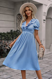 V Neck Blue Summer Dress with Short Sleeves