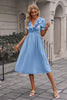 Load image into Gallery viewer, V Neck Blue Summer Dress with Short Sleeves