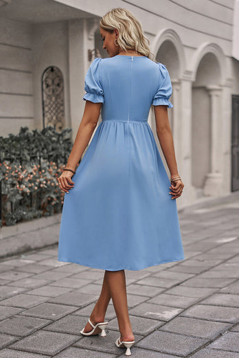 V Neck Blue Summer Dress with Short Sleeves