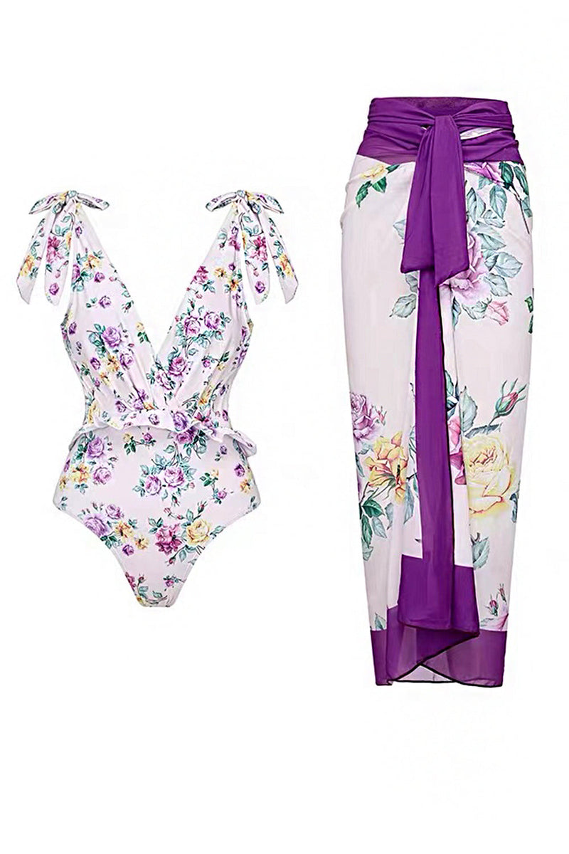Load image into Gallery viewer, Slim Fit Printed One Piece Swimsuit Set with Beach Dress