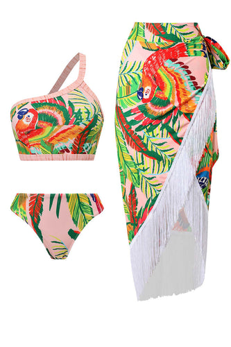 Orange 3 Piece Printed Bikini Set with Tassel Beach Dress