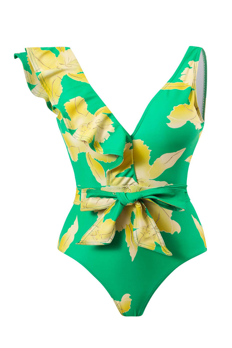 Load image into Gallery viewer, Two Piece Printed Green Bikini Set with Beach Skirt