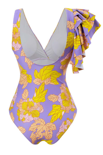 Flower Printed High Waist One Piece Purple Swimsuit