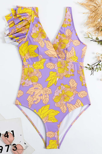 Flower Printed High Waist One Piece Purple Swimsuit