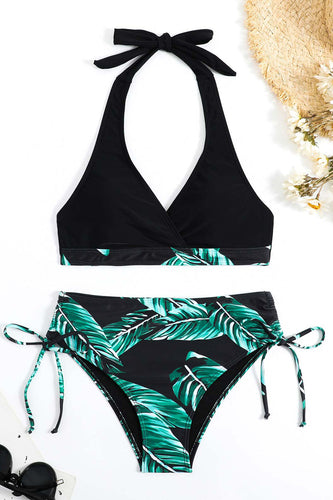 Two Piece Green Halter Front Cross Swimwear