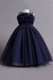 Dark Blue A Line Beaded Girls' Party Dress With Bow