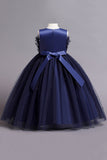 Dark Blue A Line Beaded Girls' Party Dress With Bow