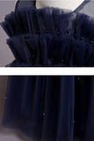 Dark Blue A Line Beaded Girls' Party Dress With Bow