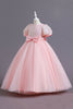 Load image into Gallery viewer, Sequin Pink A Line Short Sleeves Girls&#39; Dress With Bow