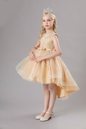 White Jewel Neck Bowknot Sleeveless Girls' Dress With Appliques