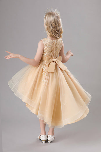 White Jewel Neck Bowknot Sleeveless Girls' Dress With Appliques