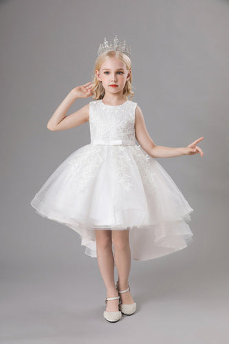 White Jewel Neck Bowknot Sleeveless Girls' Dress With Appliques