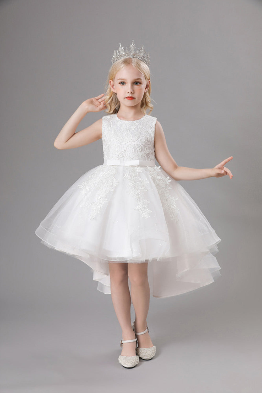 White Jewel Neck Bowknot Sleeveless Girls' Dress With Appliques