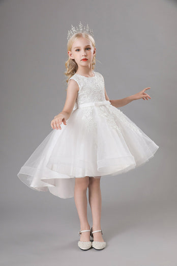 White Jewel Neck Bowknot Sleeveless Girls' Dress With Appliques