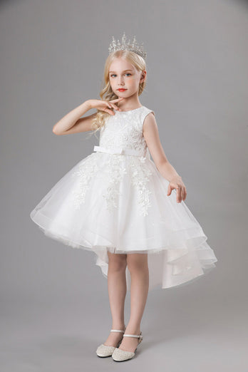 White Jewel Neck Bowknot Sleeveless Girls' Dress With Appliques