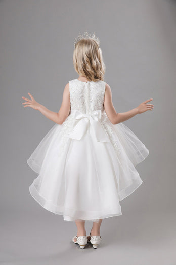 White Jewel Neck Bowknot Sleeveless Girls' Dress With Appliques