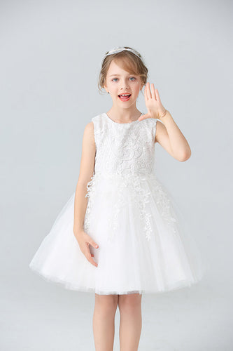 A Line Jewel Neck White Girls' Dress With Appliques