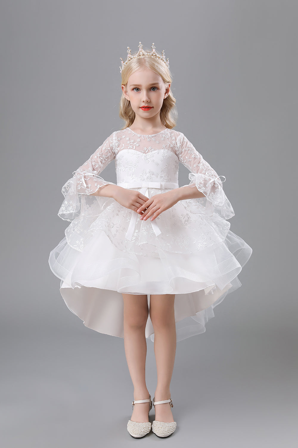 A-Line White Solid Colored Little Girls' Dress with Bows
