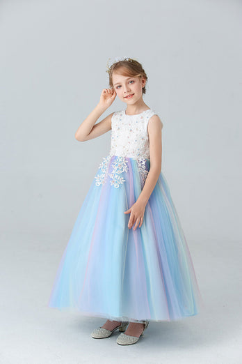 Pink Tulle Boat Neck Girls' Dress with Appliques