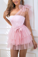 Load image into Gallery viewer, One Shoulder Tulle Pink Cocktail Dress with Bow