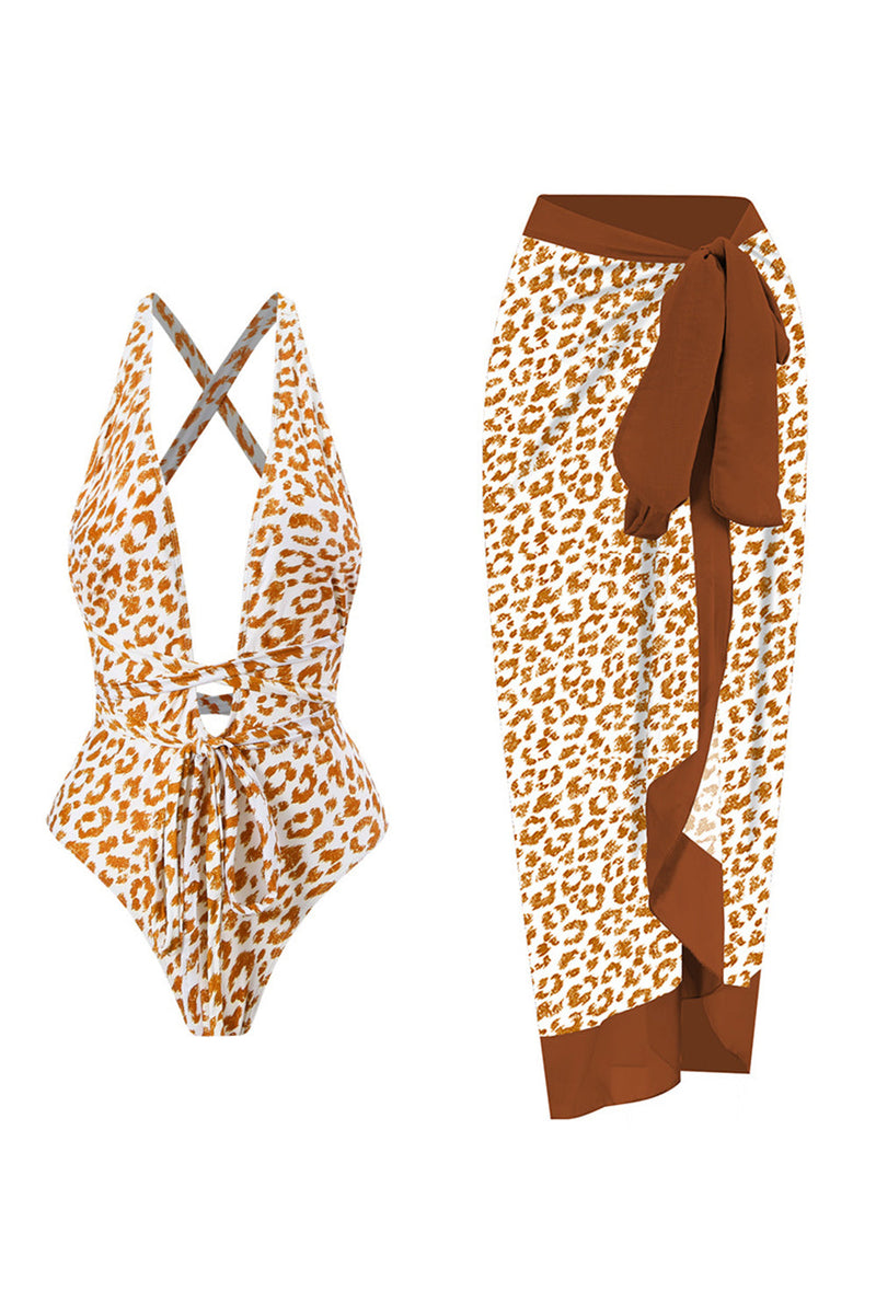 Load image into Gallery viewer, One Piece Leopard Print Brown Bikini Set with Beach Skirt