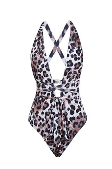 One Piece Leopard Print Brown Bikini Set with Beach Skirt