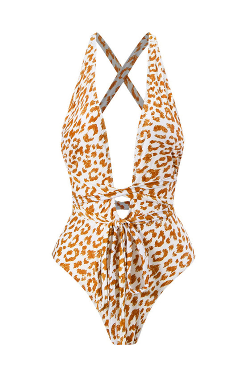 Load image into Gallery viewer, One Piece Leopard Print Brown Bikini Set with Beach Skirt