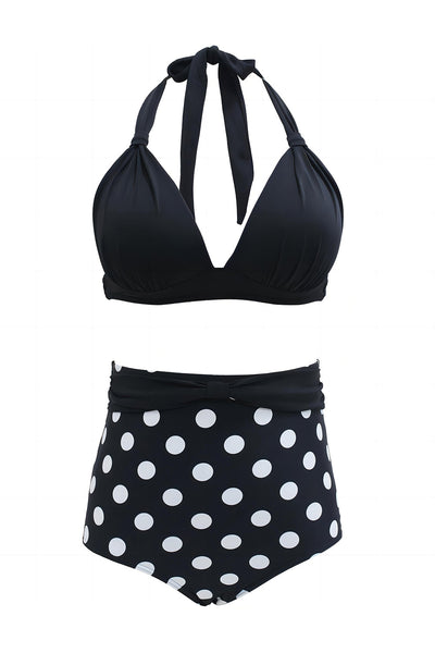Zapaka Women Black Swimsuit Two Piece Polka Dots Halter Swimwear