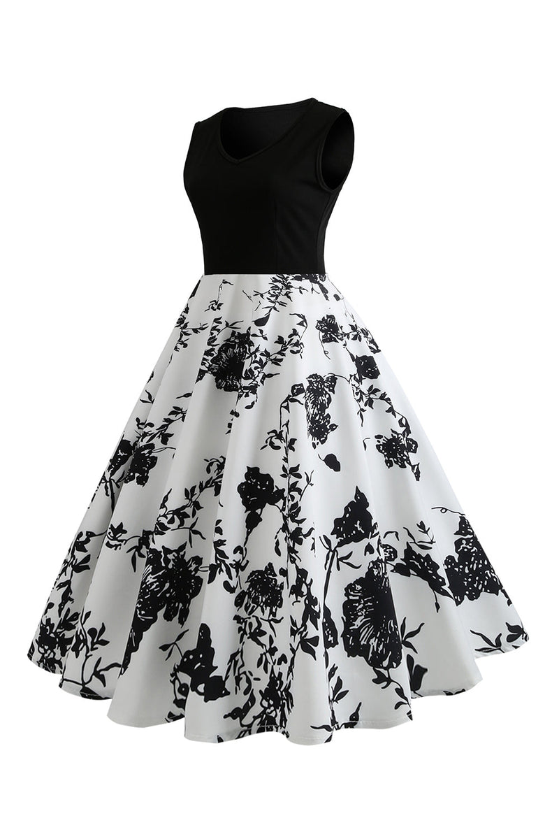 Load image into Gallery viewer, Black and White Floral Vintage 1950s Dress