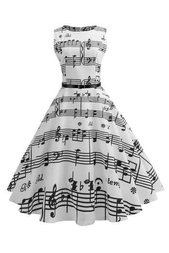 White Printed Swing 1950s Vintage Dress