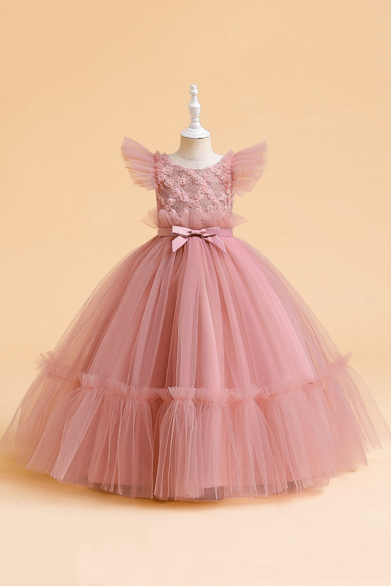 Load image into Gallery viewer, Tulle A Line Champagne Girl Dress with Bow