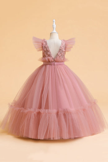 Tulle A Line Champagne Girl Dress with Bow