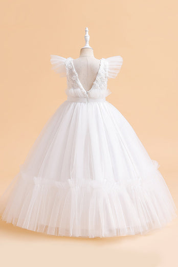 Tulle A Line Champagne Girl Dress with Bow