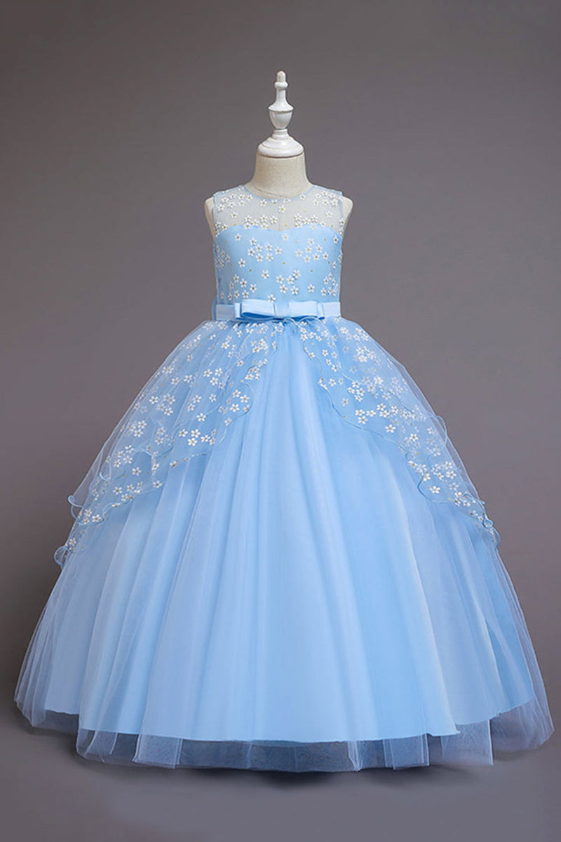Load image into Gallery viewer, Blue Tulle Flower A Line Long Girls&#39; Dress