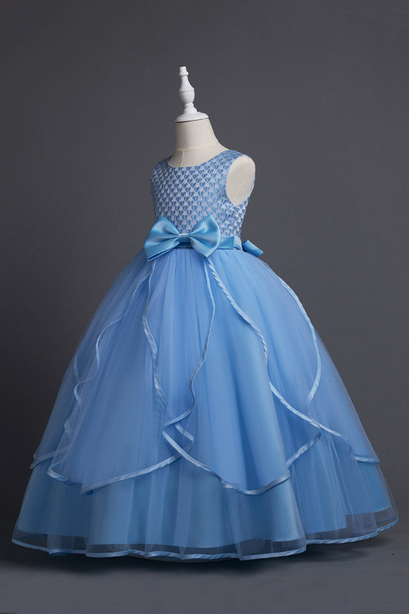 Load image into Gallery viewer, Blue Round Neck Tulle Long Girls&#39; Dress